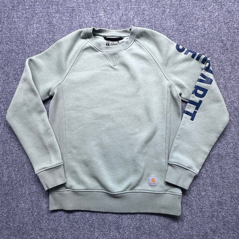 Carhartt Women's Relaxed Fit Crewneck Sweatshirt‎ Small Basil Green Logo Sleeve